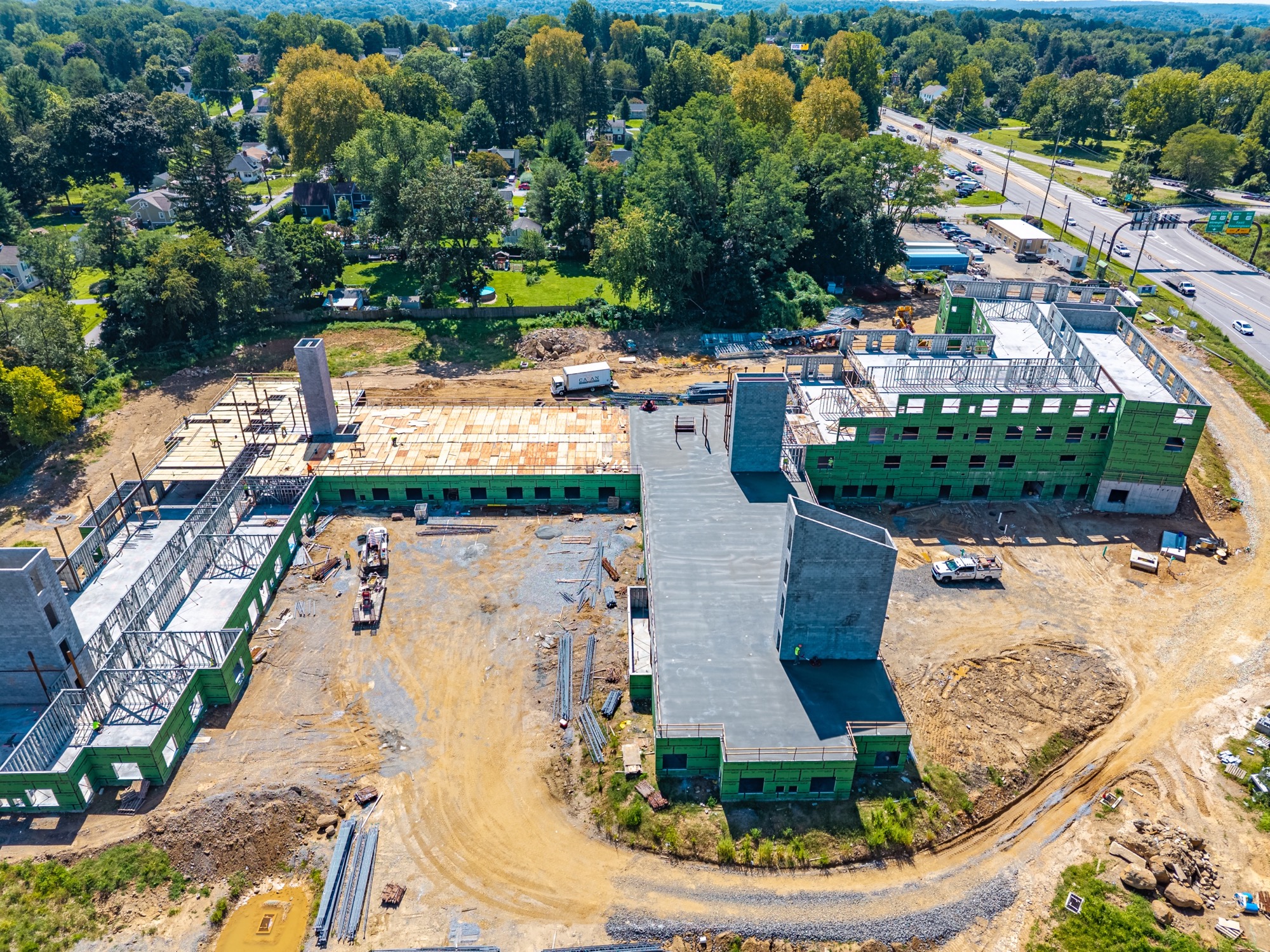 Aerial view of construction underway at 943 High Street in West Chester
